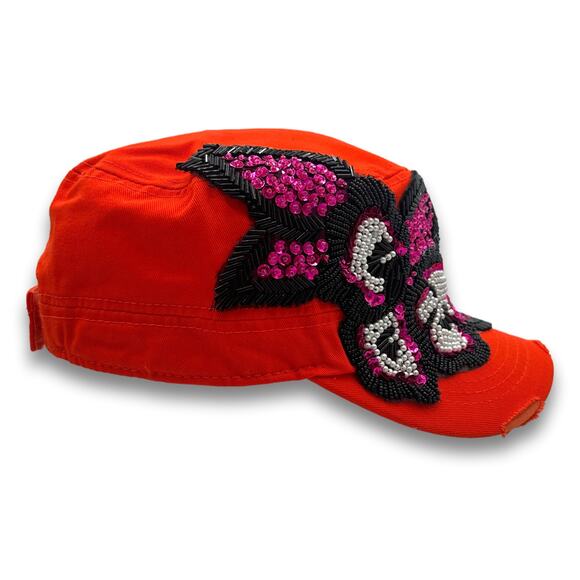 Orange Army Cadet Hat Flower Beaded Sequins Round Top Distressed BDU Castro Cap - Picture 6 of 7